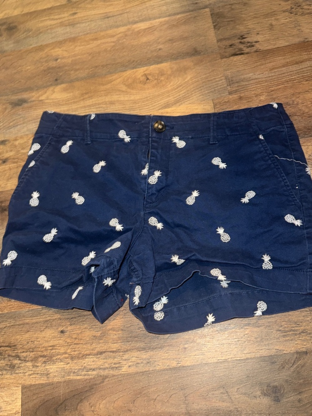 LOFT Navy Pineapple Embroidered Cotton Shorts
